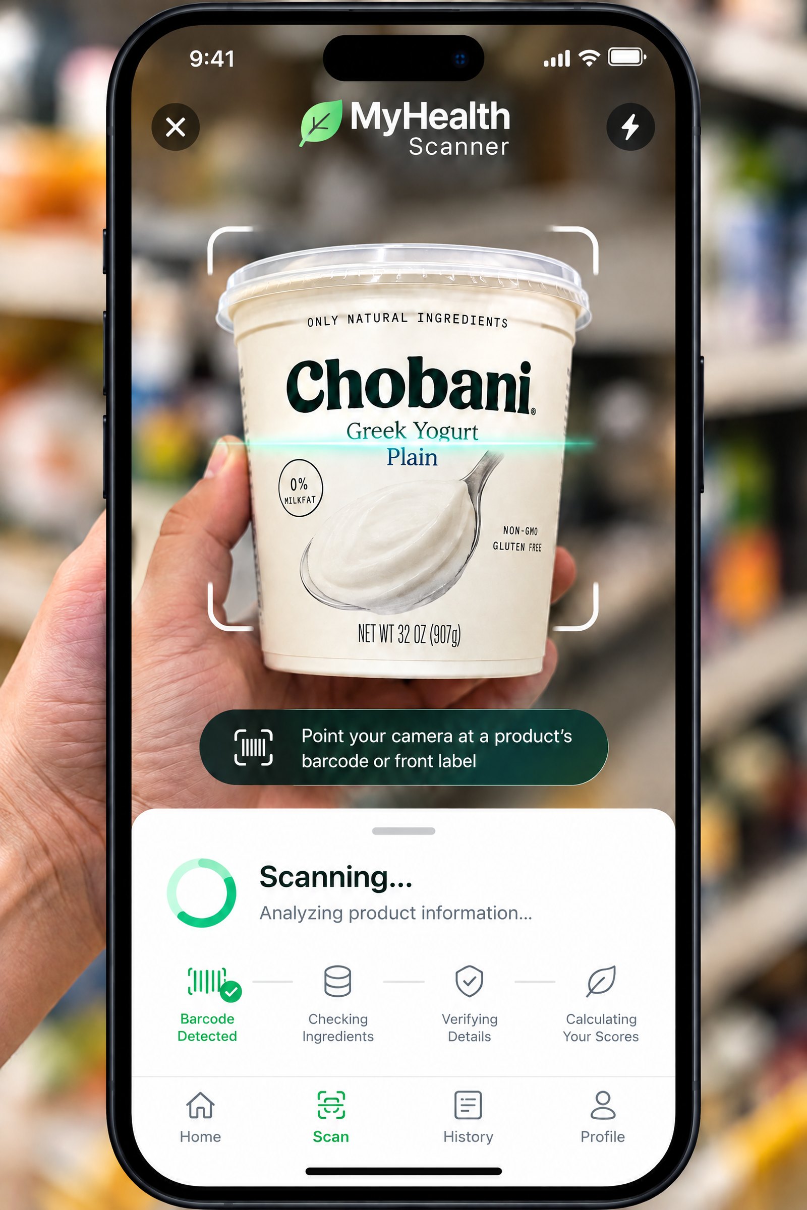 My Health Scanner open on a phone, scanning a tub of Chobani Greek Yogurt on a supermarket shelf.